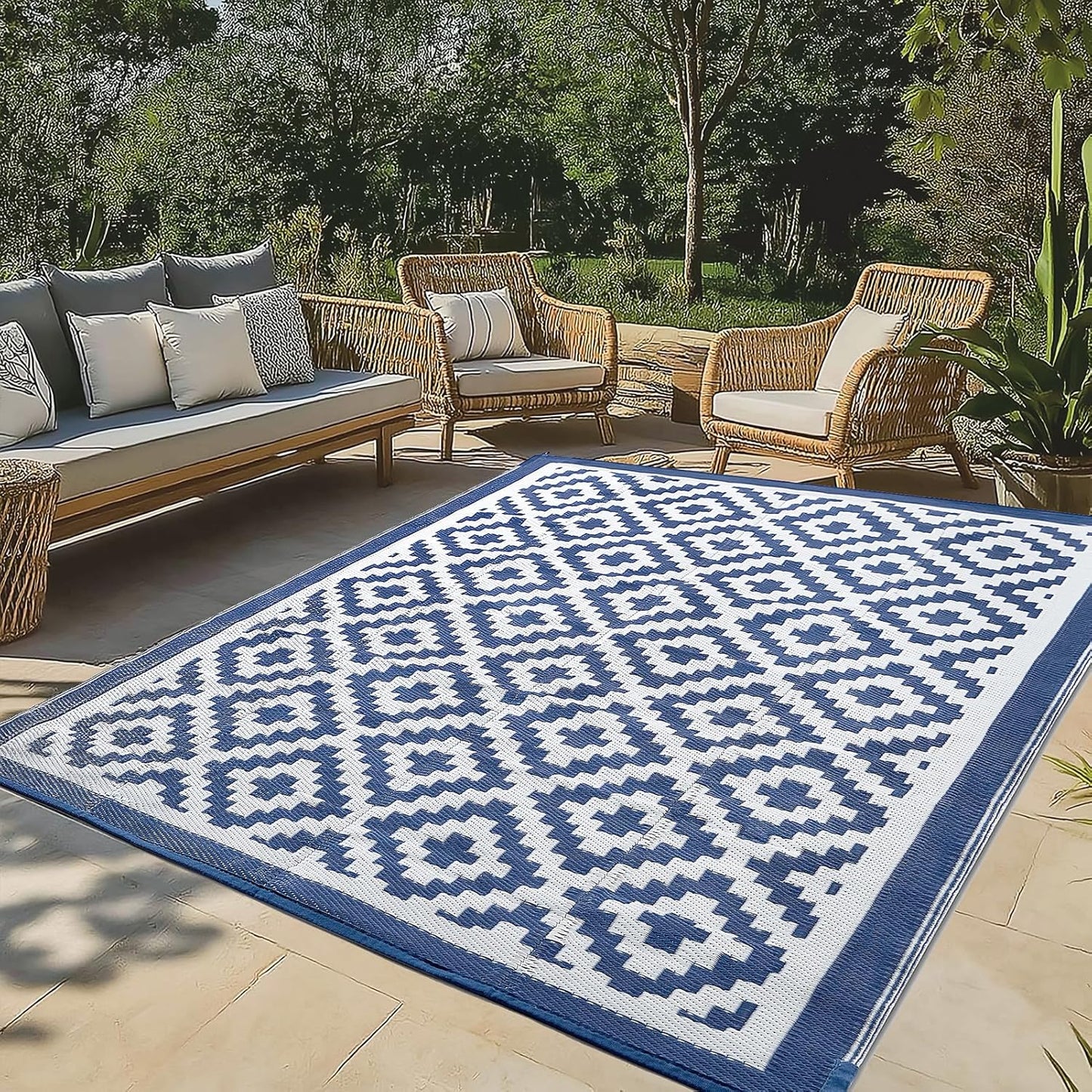 WILDPATH 6x9 ft Outdoor Rug Waterproof, Plastic Straw Patio Carpet - UV Resistant Reversible Indoor Outdoor Rugs for Porch, Camping, Poolside, RV, Balcony, Easy to Clean, Blue and White