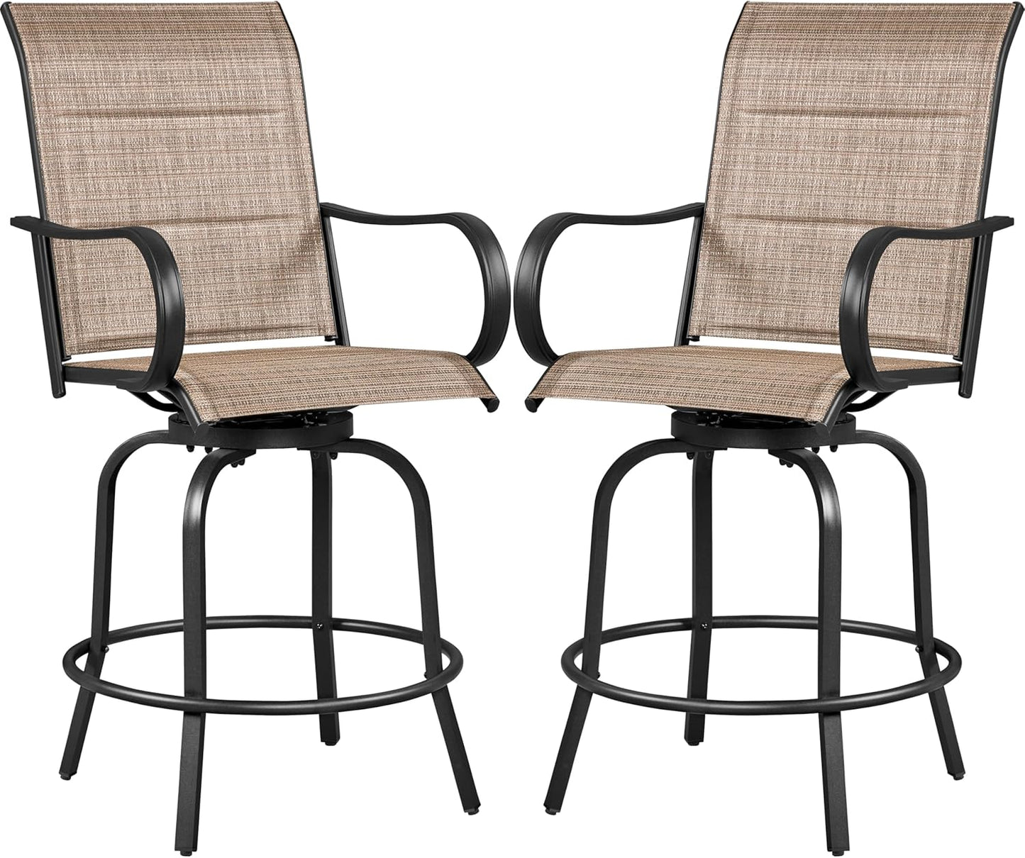Yaheetech 2 Piece Patio Swivel Bar Stools Texteline Bistro Chairs with High Back/Armrest/Footrest, All Weather Padded Seating Outdoor Furniture Chairs for Outside, Lawn & Garden, Black/Brown