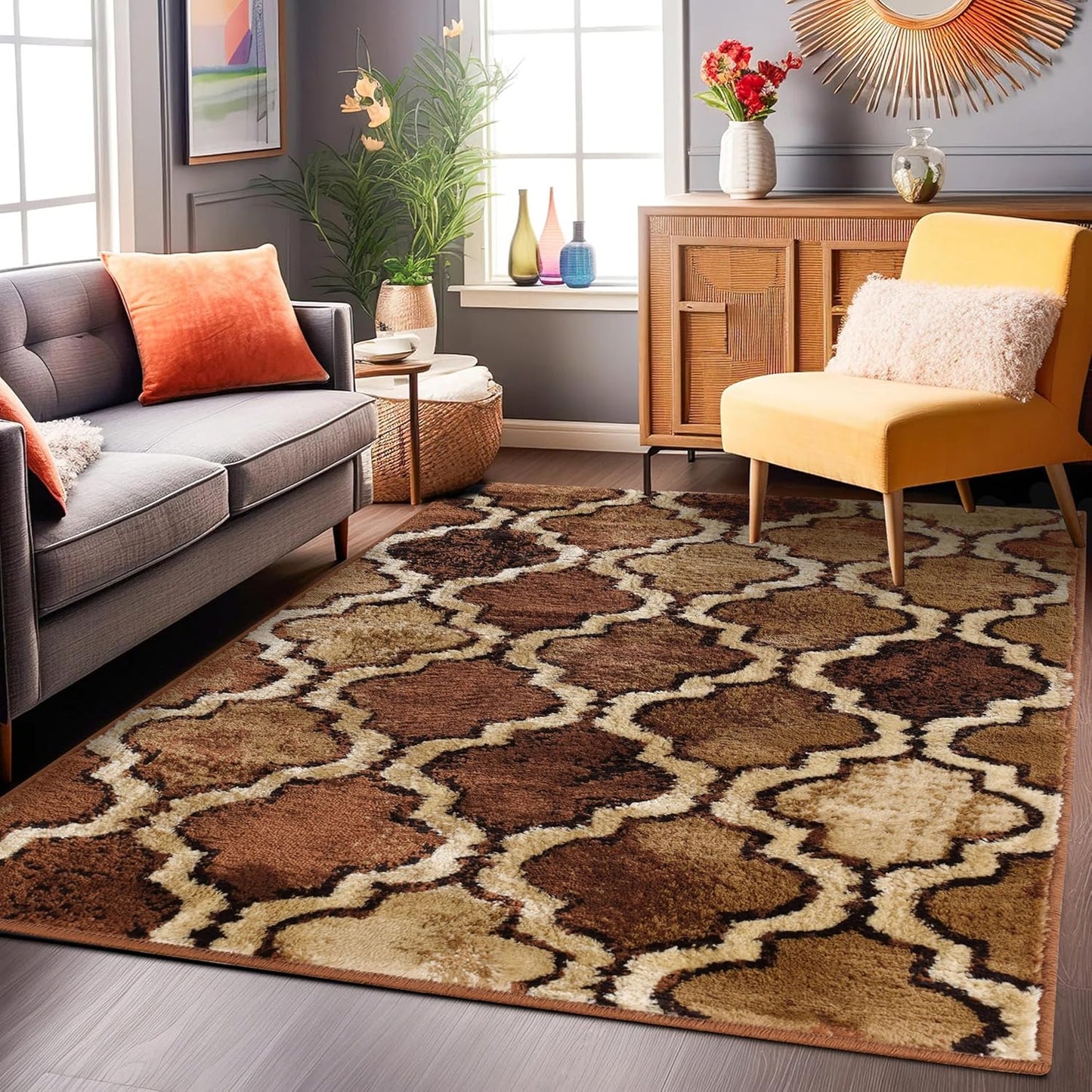 Superior Viking 3 Piece Indoor Area Rug Set, Jute Backing, Modern Trellis Decor for Hallway, Entry, Office, Kitchen, Bedroom, Living Room Floors, Plush Rugs, 2' 7" x 8', 2' x 3', 4' x 6', Chocolate