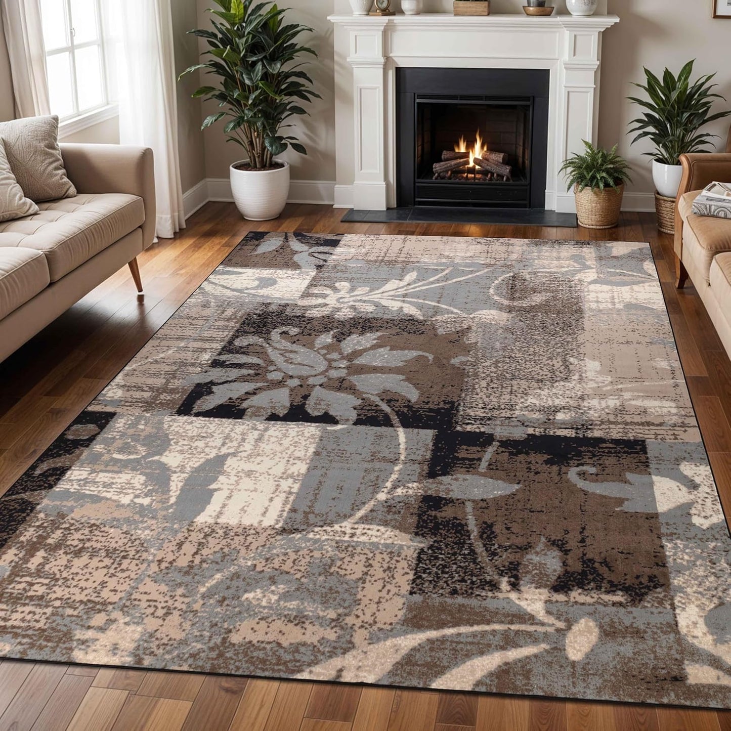 Superior Pastiche 3 Piece Indoor Area Rug Set, Jute Backing, Modern Floral Patchwork Decor, Hallway, Office, Kitchen, Bedroom, Living Room Floors, Plush Rugs, 2' x 3', 4' x 6', 6' x 9', Beige