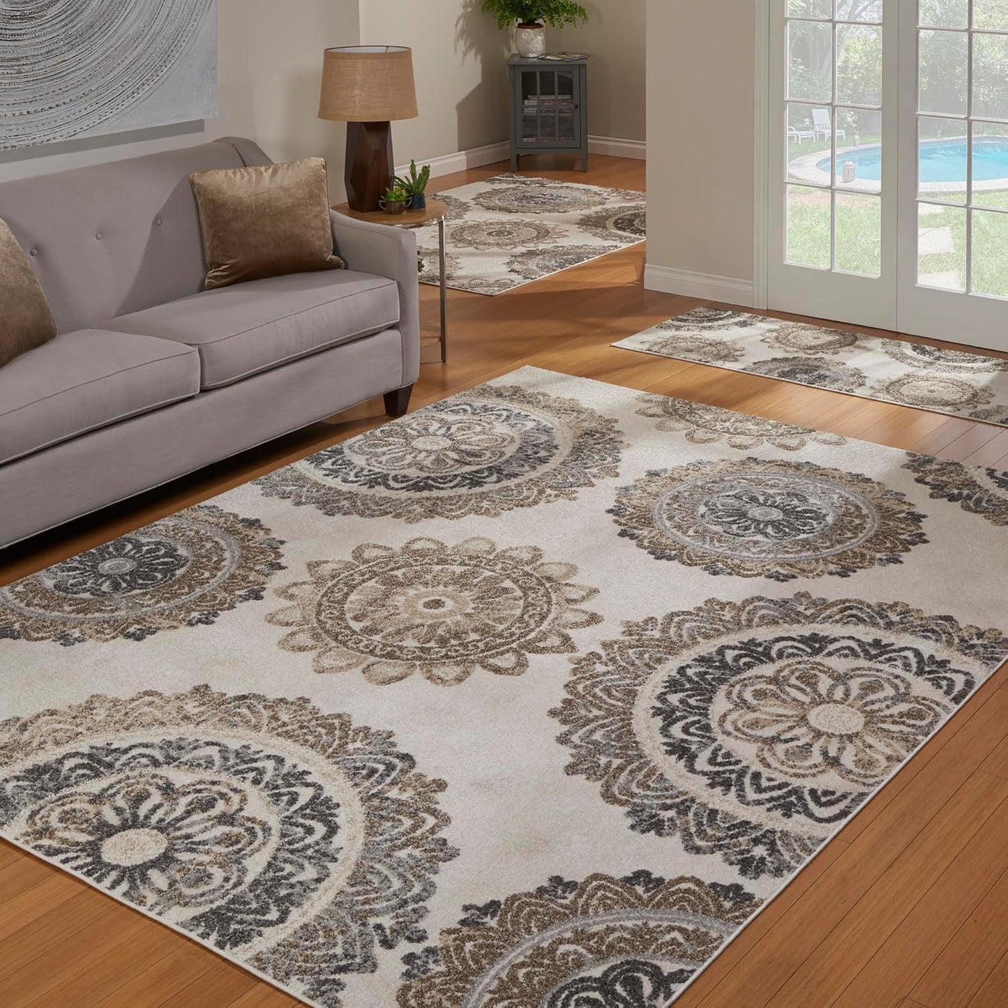 Gertmenian Area Rug 3 Piece Sets Non-Shedding Soft Modern Contemporary Carpet pc Living Room Dining Entryway Bedroom Runner Rugs Gift Set, 2x6 5x7 8x10 Large, Ivory Abstract Sunflower, 81742