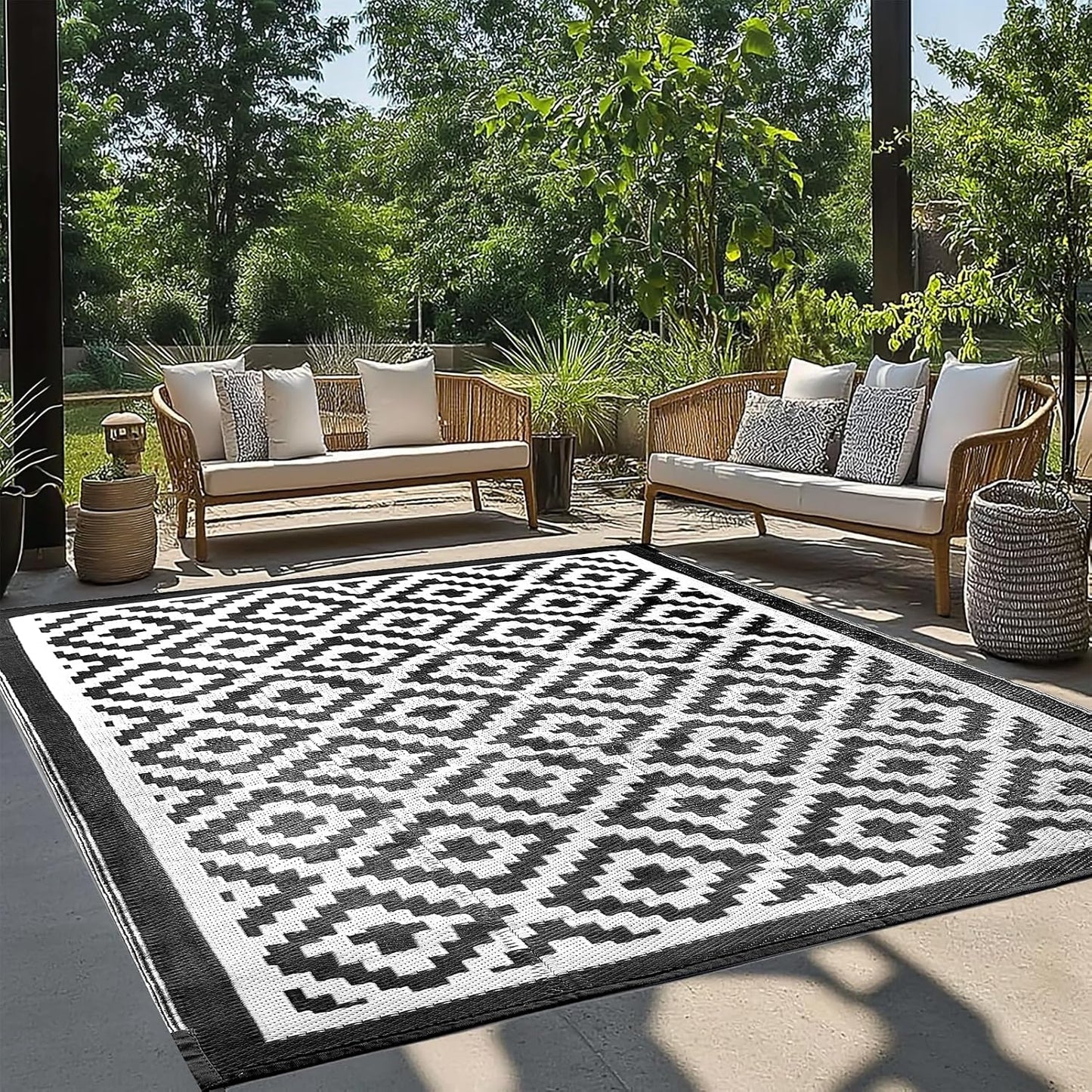 WILDPATH 6x9 ft Outdoor Rug Waterproof, Plastic Straw Patio Carpet - UV Resistant Reversible Indoor Outdoor Rugs for Porch, Camping, Poolside, RV, Balcony, Easy to Clean, Blue and White