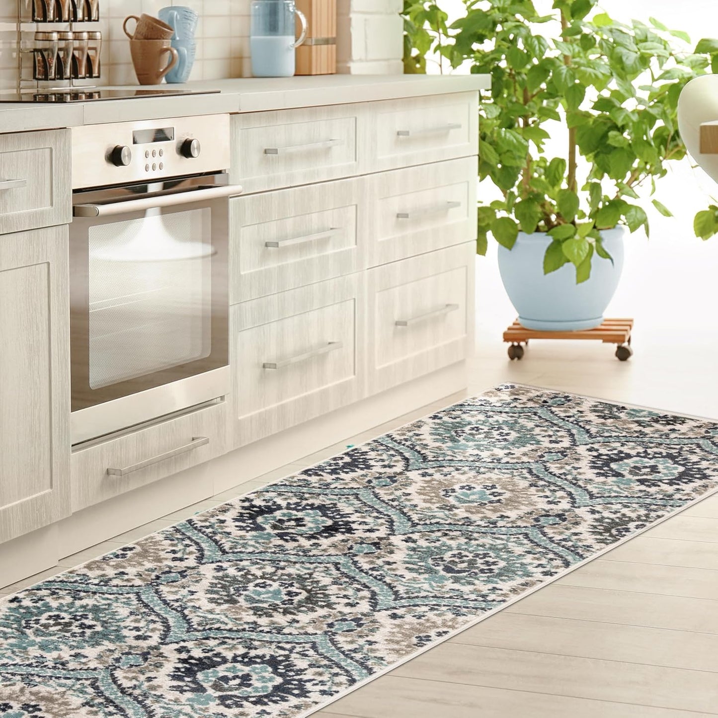 Superior Augusta 3 Piece Indoor Area Rug Set, Jute Backing, Floral Damask Decor for Hallway, Entry, Office, Kitchen, Bedroom, Living Room Floors, Plush Rugs, 2' 7" x 8', 2' x 3', 5' x 8', Beige
