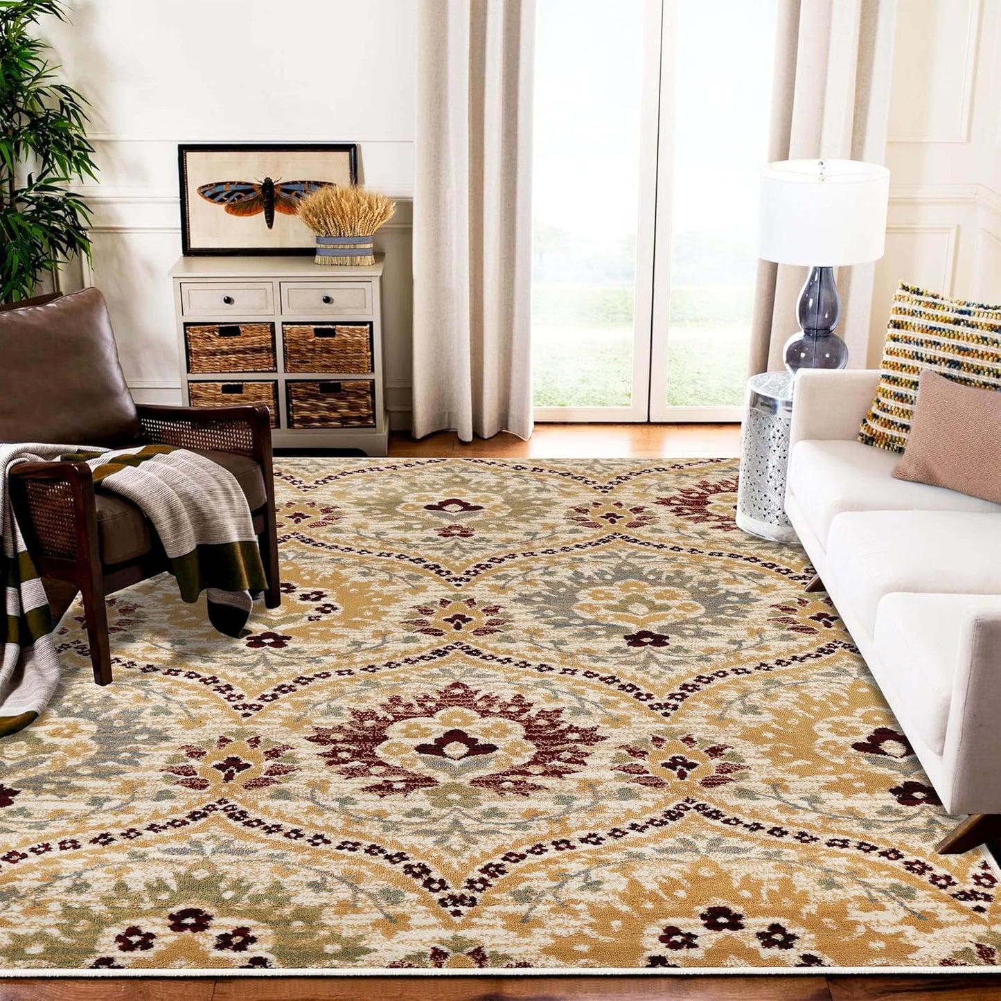 Superior Augusta 3 Piece Indoor Area Rug Set, Jute Backing, Floral Damask Decor for Hallway, Entry, Office, Kitchen, Bedroom, Living Room Floors, Plush Rugs, 2' 7" x 8', 2' x 3', 5' x 8', Beige