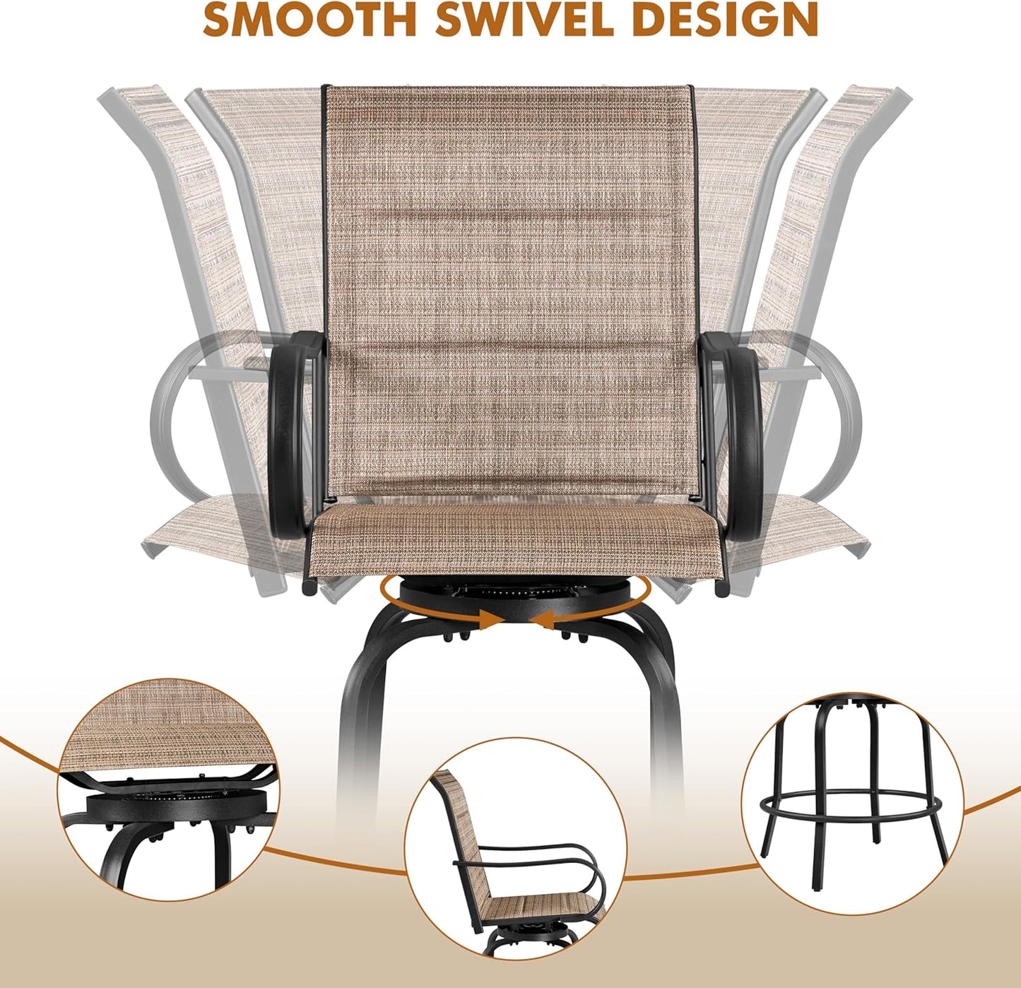 Yaheetech 2 Piece Patio Swivel Bar Stools Texteline Bistro Chairs with High Back/Armrest/Footrest, All Weather Padded Seating Outdoor Furniture Chairs for Outside, Lawn & Garden, Black/Brown