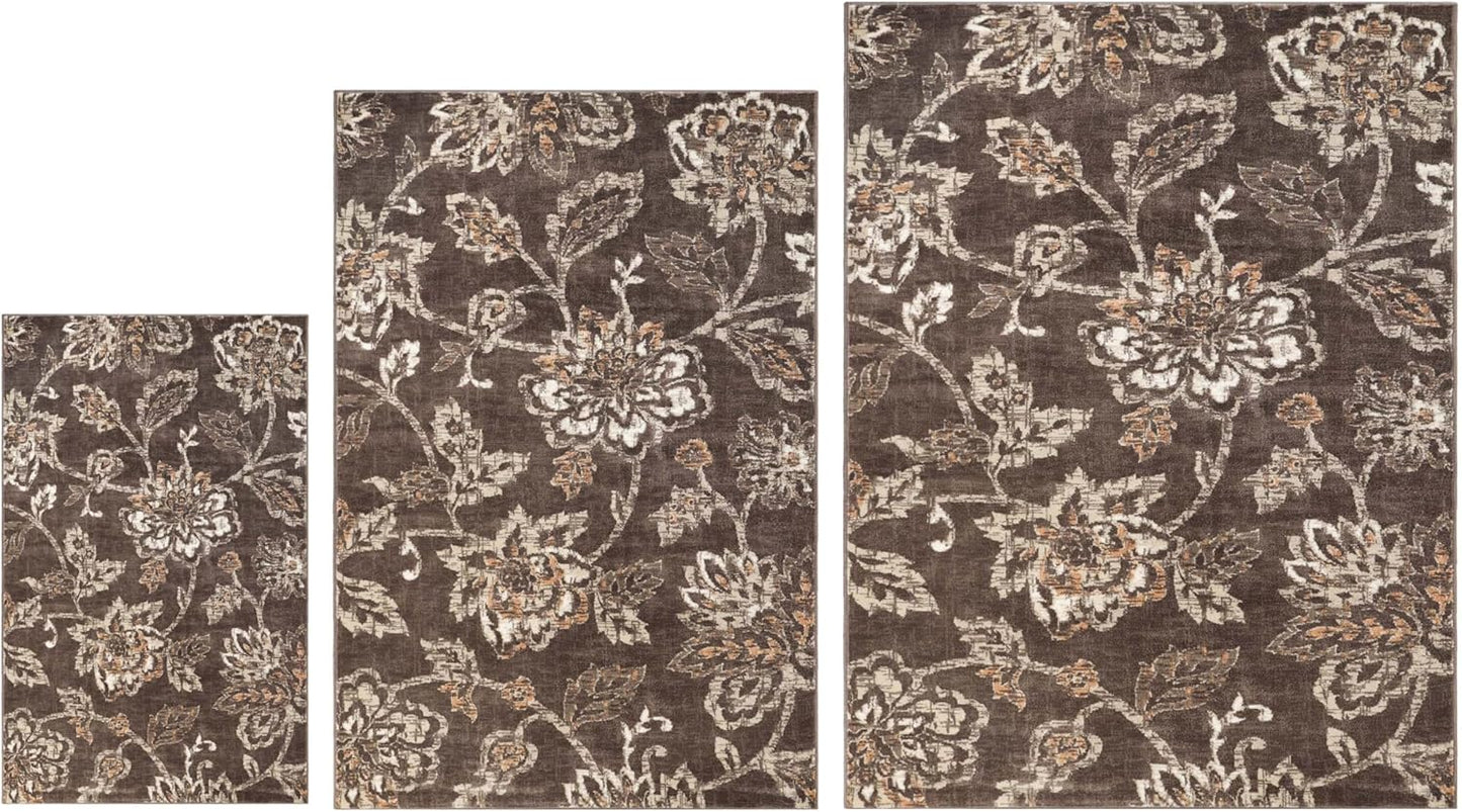 Superior Jacobean 3 Piece Indoor Area Rug Set, Jute Backing, Modern Floral Decor for Hallway, Entry, Office, Kitchen, Bedroom, Living Room Floors, Plush Rugs, 2' 7" x 8', 5' x 8', 8' x 10', Chocolate