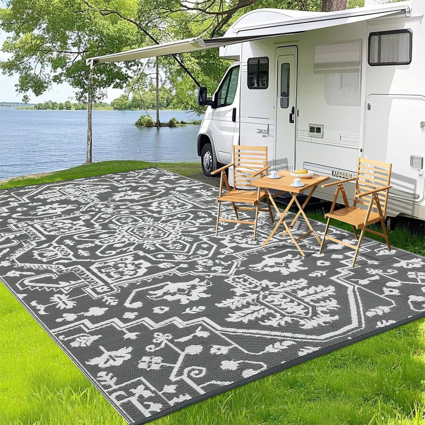 Outdoor Plastic Straw Rug 9x18 Waterproof Outside Rug, Large Modern Striped Reversible Floor Mats, Foldable & Lightweight Camping Carpet for Patio, Porch, Deck, Backyard, Balcony, Red Blue White