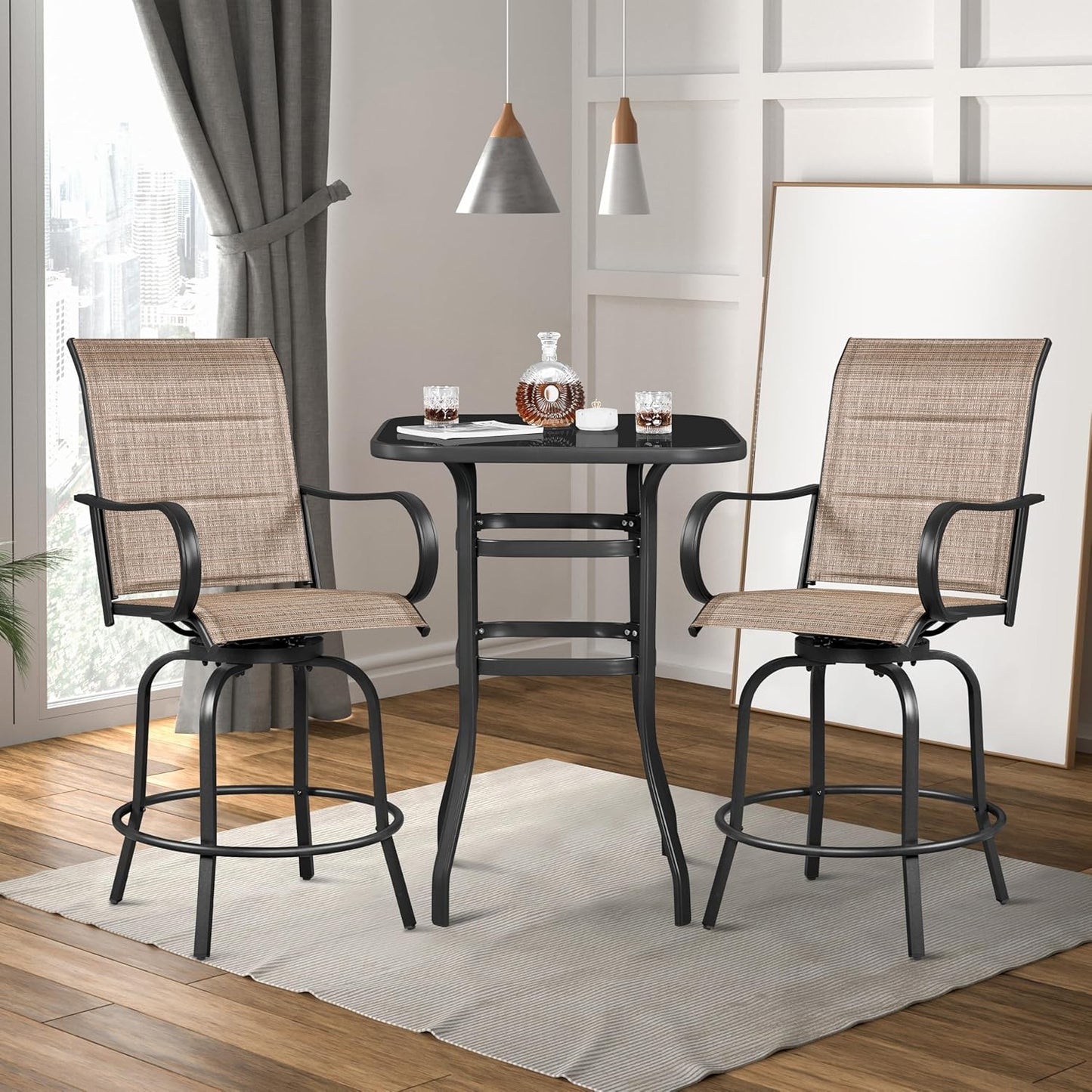 Yaheetech 2 Piece Patio Swivel Bar Stools Texteline Bistro Chairs with High Back/Armrest/Footrest, All Weather Padded Seating Outdoor Furniture Chairs for Outside, Lawn & Garden, Black/Brown