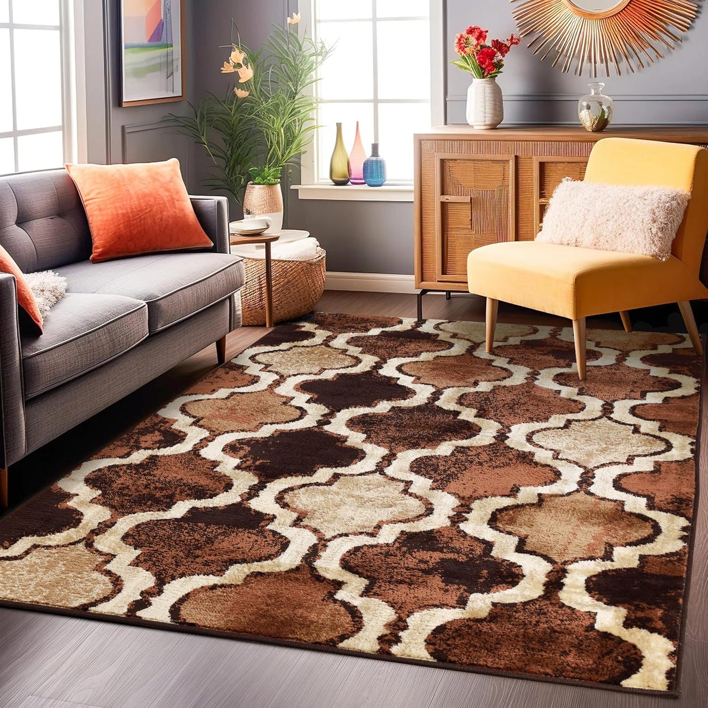 Superior Viking 3 Piece Indoor Area Rug Set, Jute Backing, Modern Trellis Decor for Hallway, Entry, Office, Kitchen, Bedroom, Living Room Floors, Plush Rugs, 2' 7" x 8', 2' x 3', 4' x 6', Chocolate