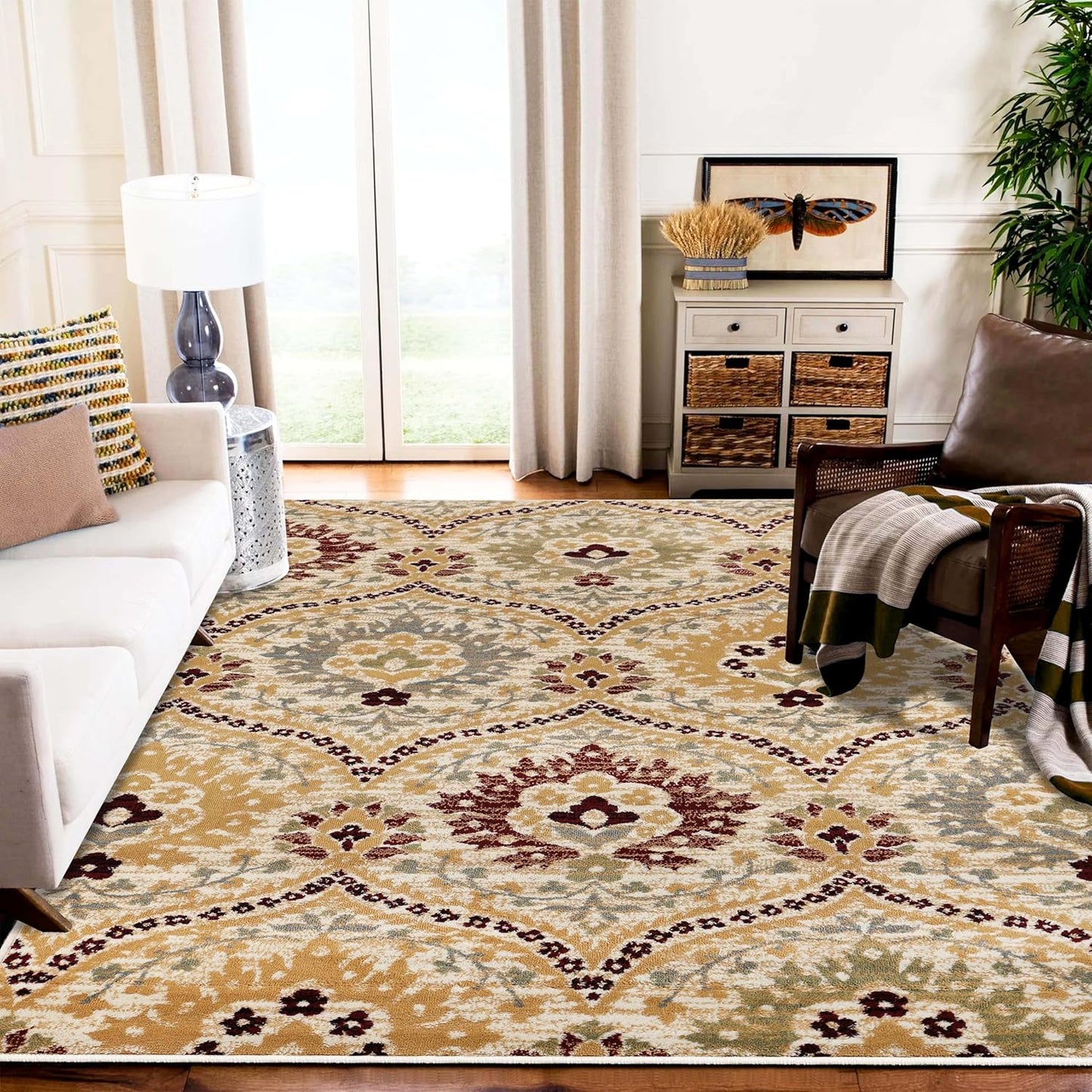Superior Augusta 3 Piece Indoor Area Rug Set, Jute Backing, Floral Damask Decor for Hallway, Entry, Office, Kitchen, Bedroom, Living Room Floors, Plush Rugs, 2' 7" x 8', 2' x 3', 5' x 8', Beige