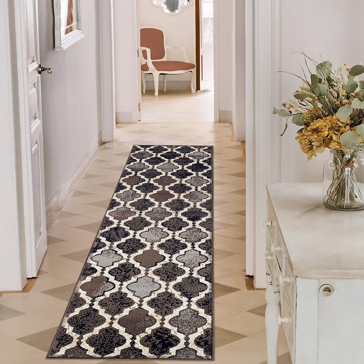 Superior Viking 3 Piece Indoor Area Rug Set, Jute Backing, Modern Trellis Decor for Hallway, Entry, Office, Kitchen, Bedroom, Living Room Floors, Plush Rugs, 2' 7" x 8', 2' x 3', 4' x 6', Chocolate