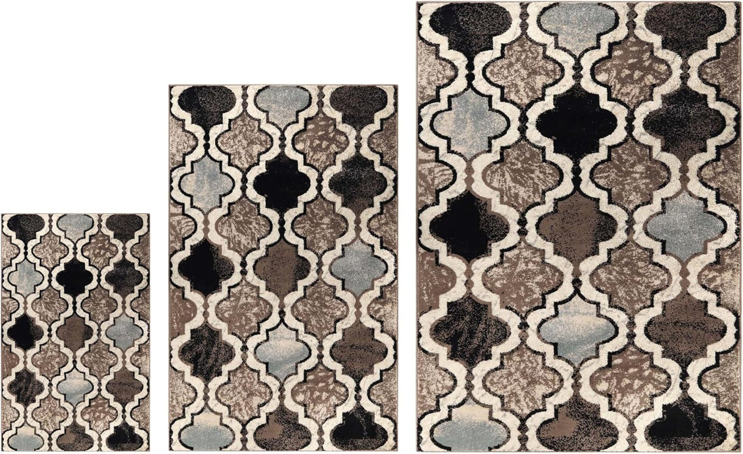 Superior Viking 3 Piece Indoor Area Rug Set, Jute Backing, Modern Trellis Decor for Hallway, Entry, Office, Kitchen, Bedroom, Living Room Floors, Plush Rugs, 2' 7" x 8', 2' x 3', 4' x 6', Chocolate