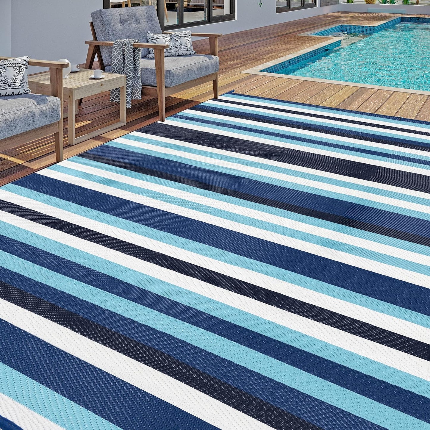 Outdoor Waterproof Rug 6'x9' Plastic Straw Rugs Washable Reversible Floor Mat Rainbow Stripe Carpet for Camping RV Deck Entryance Porch Picnic Balcony Beach Backyard
