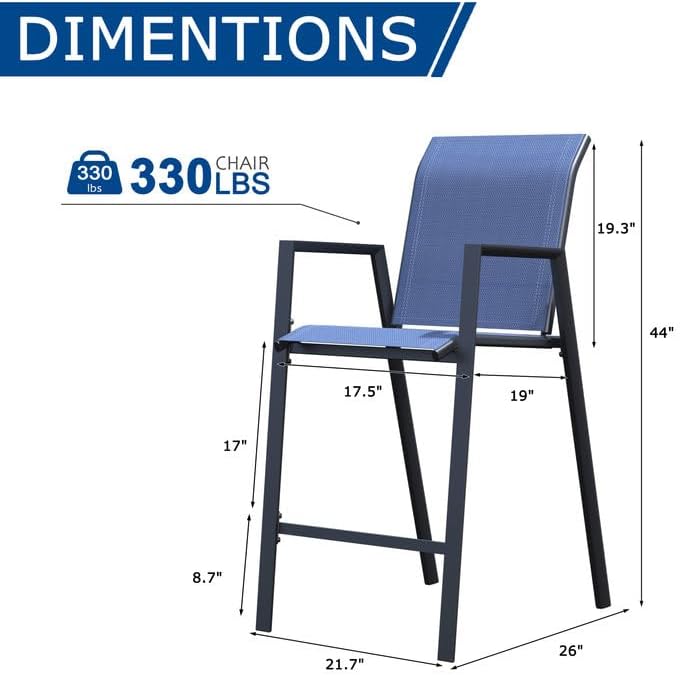 Outdoor Bar Stools Set of 2, 44'' Patio Bar Chairs with Textile High Back, Bar Height Chairs with Straight Armrest and Footrest, Blue
