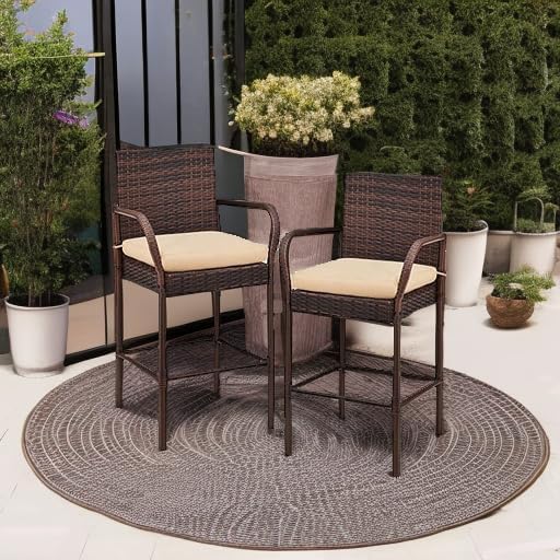 Best Choice Products Set of 2 Wicker Bar Stools, Indoor Outdoor Bar Height Chairs w/Cushion, Footrests, Armrests for Backyard, Patio, Pool, Garden, Deck - Brown