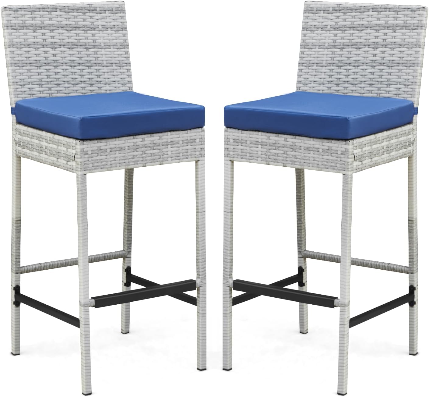 ECOTOUGE Rattan Bar Stools Set of 2, Outdoor Wicker Barstools Counter Height with Cushion for Lawn, Balcony, Garden, Black