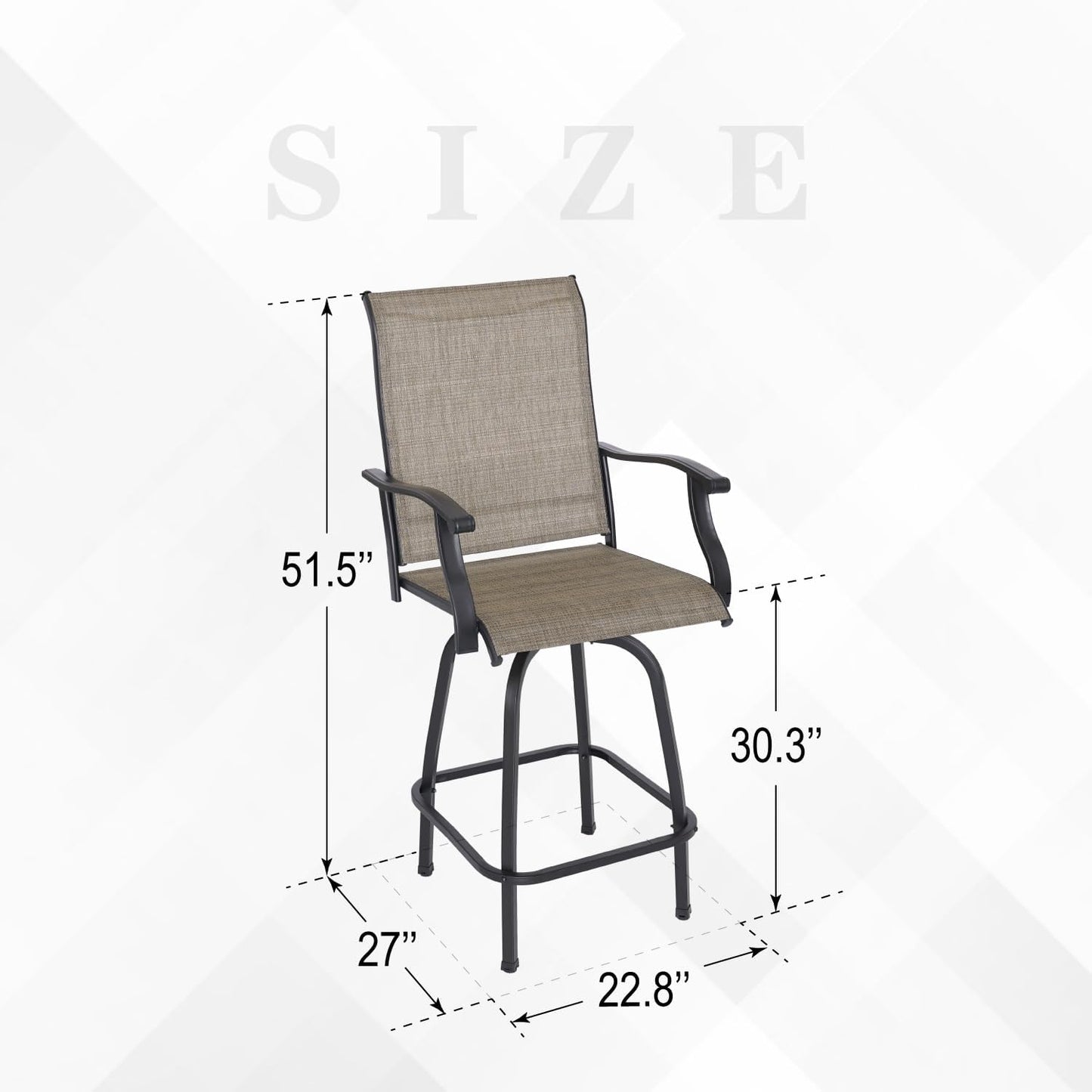Patio Swivel Bar Stools Set of 2 for Outdoor and Bar Height High Back Brown Sling Chairs with Footrest