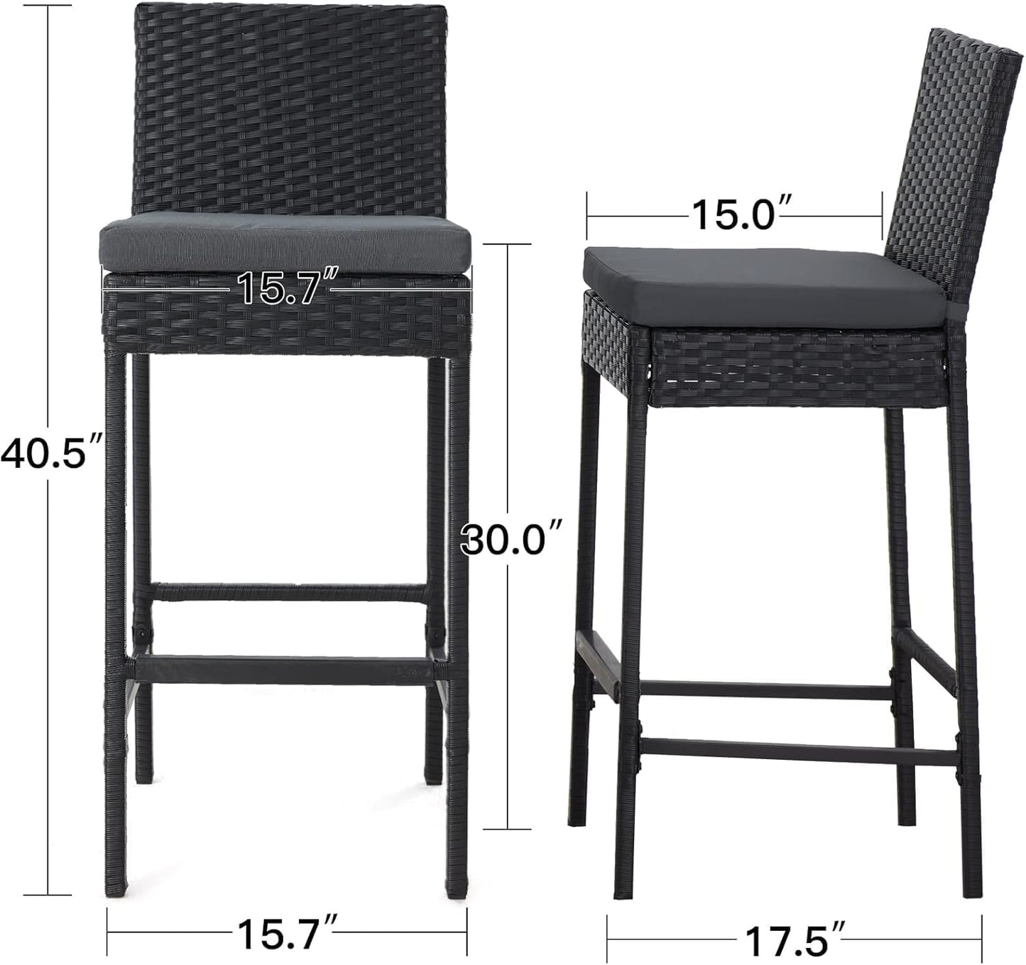 ECOTOUGE Rattan Bar Stools Set of 2, Outdoor Wicker Barstools Counter Height with Cushion for Lawn, Balcony, Garden, Black