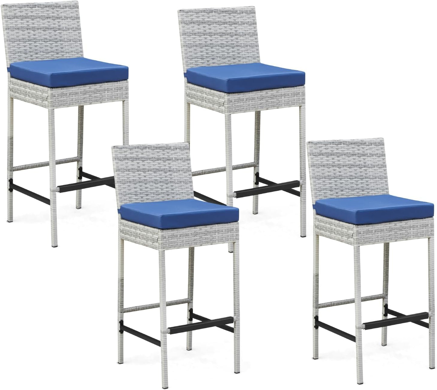 ECOTOUGE Rattan Bar Stools Set of 2, Outdoor Wicker Barstools Counter Height with Cushion for Lawn, Balcony, Garden, Black