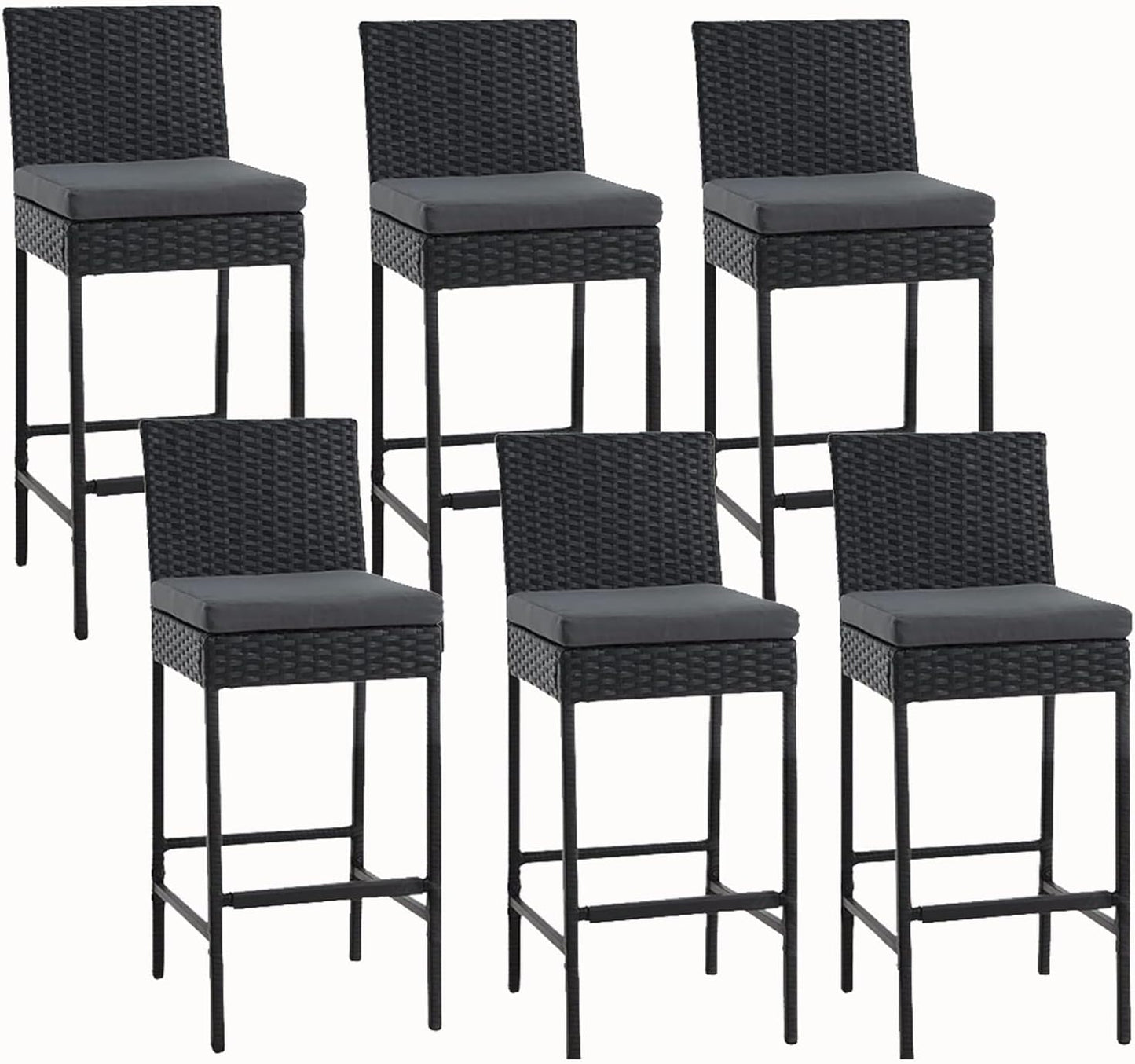 ECOTOUGE Rattan Bar Stools Set of 2, Outdoor Wicker Barstools Counter Height with Cushion for Lawn, Balcony, Garden, Black