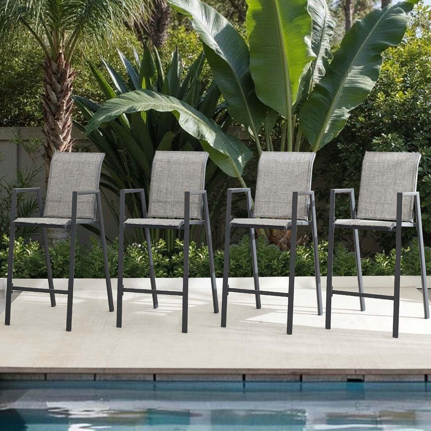Outdoor Bar Stools Set of 2, 44'' Patio Bar Chairs with Textile High Back, Bar Height Chairs with Straight Armrest and Footrest, Blue