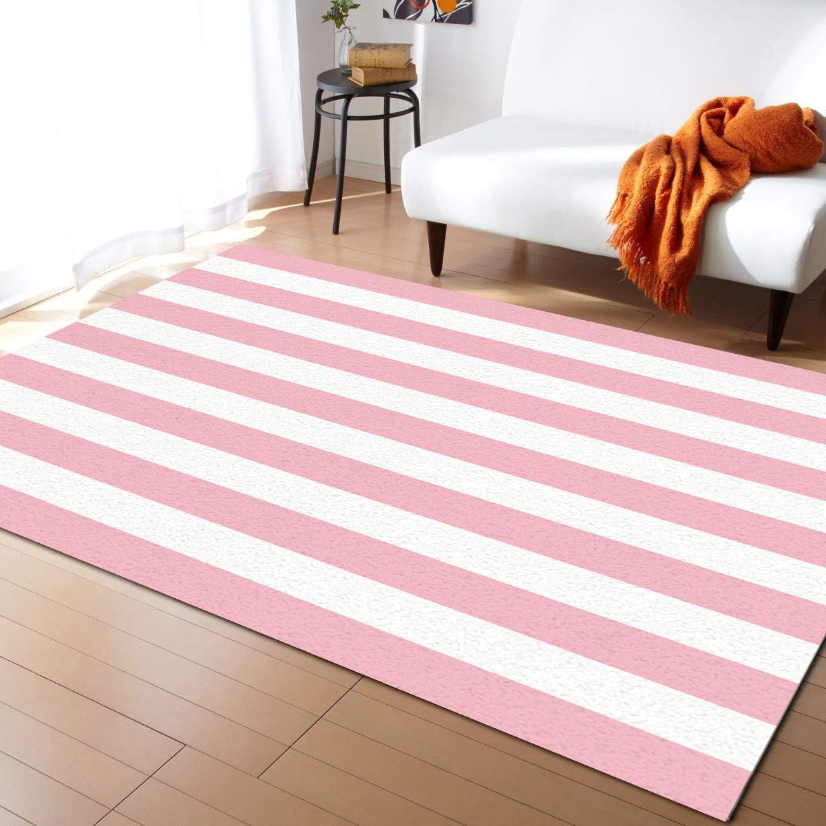 Outdoor Rug, Large Floor Mat Pink and White Stripes Non Slip Area Rug Rubber Backing Quick Dry Clearance Carpet for Camping Rugs, Patio, Garden, Lawn, Deck, Porch, 4' x 6'