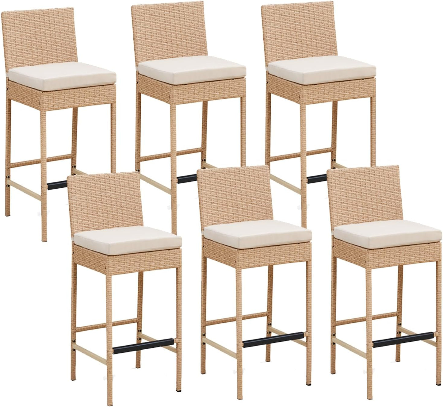 ECOTOUGE Rattan Bar Stools Set of 2, Outdoor Wicker Barstools Counter Height with Cushion for Lawn, Balcony, Garden, Black