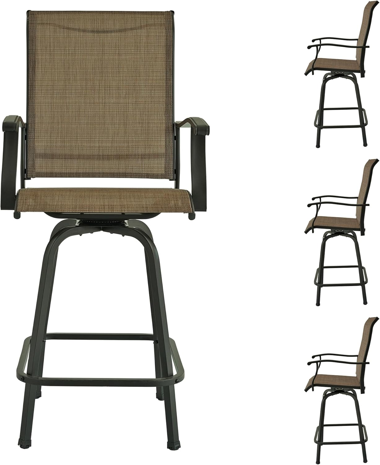 Patio Swivel Bar Stools Set of 2 for Outdoor and Bar Height High Back Brown Sling Chairs with Footrest