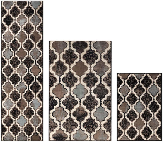 Superior Viking 3 Piece Indoor Area Rug Set, Jute Backing, Modern Trellis Decor for Hallway, Entry, Office, Kitchen, Bedroom, Living Room Floors, Plush Rugs, 2' 7" x 8', 2' x 3', 4' x 6', Chocolate