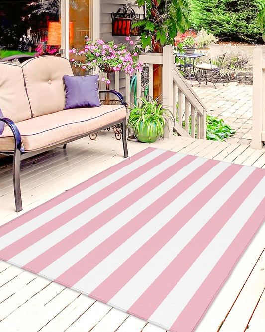 Outdoor Rug, Large Floor Mat Pink and White Stripes Non Slip Area Rug Rubber Backing Quick Dry Clearance Carpet for Camping Rugs, Patio, Garden, Lawn, Deck, Porch, 4' x 6'