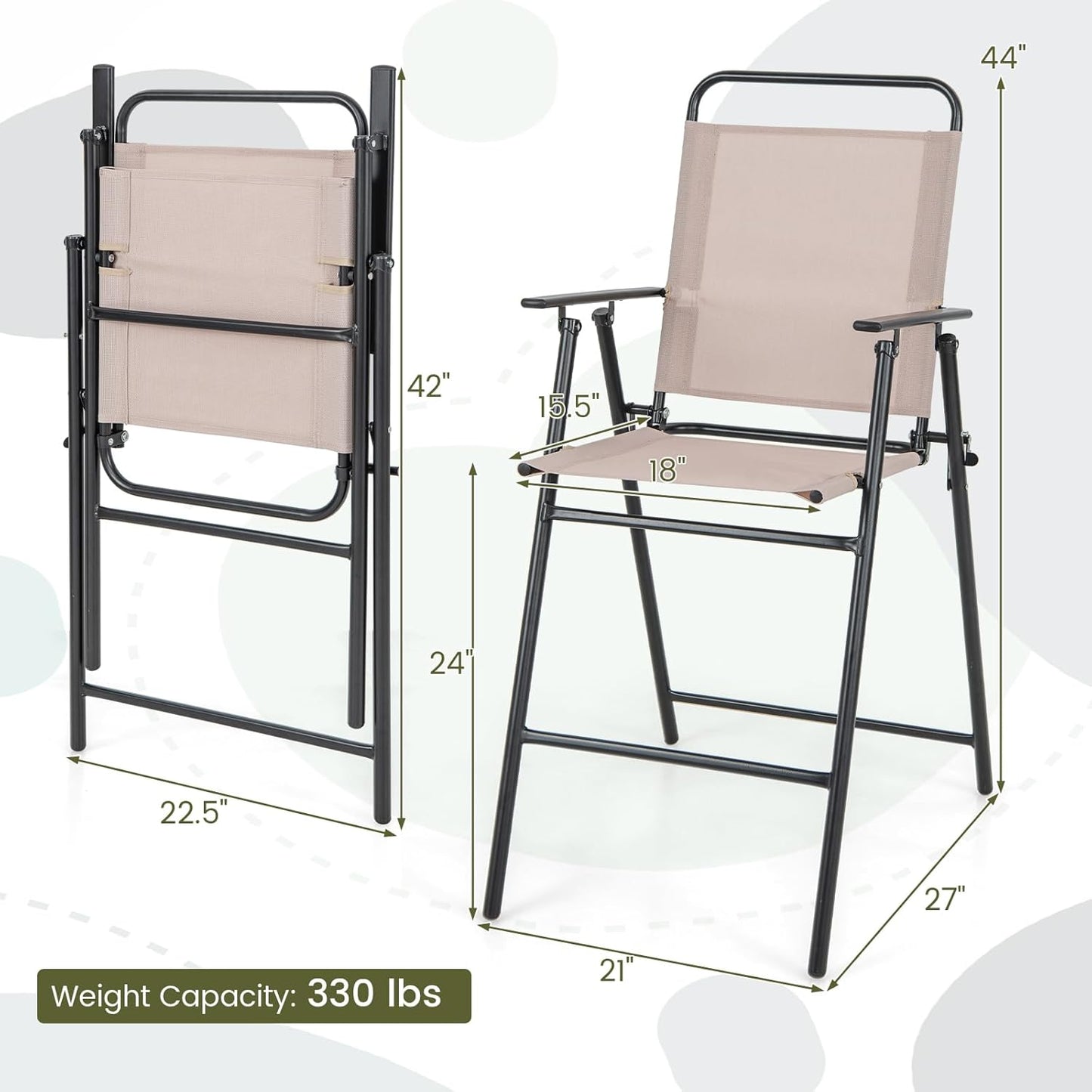 Giantex Outdoor Folding Bar Chair Set of 2, Counter-Height Patio Chairs with Backrest, Armrests, Footrest, Metal Frame, Patio Furniture Chair Set for Backyard Poolside Balcony, 330 LBS Capacity (1)