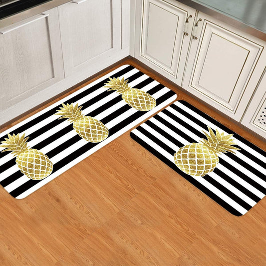 LooPoP Gold Pineapple Kitchen Mats for Floor Cushioned Anti Fatigue 2 Piece Set Kitchen Runner Rugs Non Skid Washable Black Striped 23.6x35.4+23.6x70.9