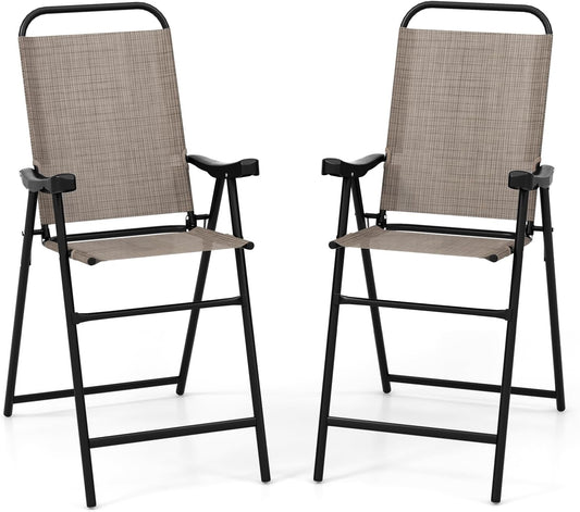 COSTWAY 2 Pieces Patio Folding Bar Chairs, High Top Patio Bar Chair with Metal Frame & Footrest, Outdoor Counter Height Chairs for Balcony, Garden & Poolside, Coffee (1, Coffee)
