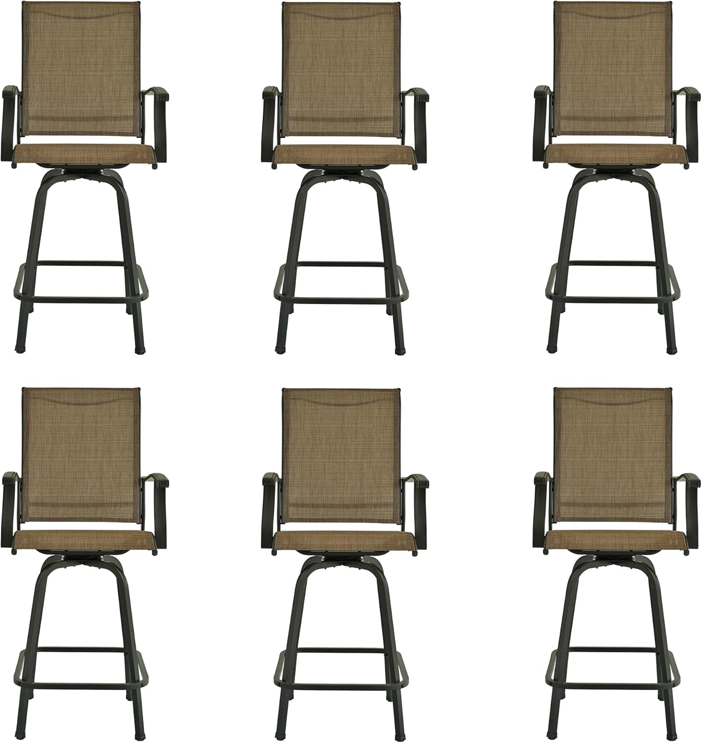 Patio Swivel Bar Stools Set of 2 for Outdoor and Bar Height High Back Brown Sling Chairs with Footrest