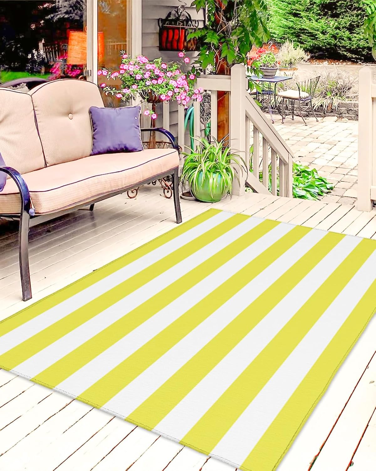 Outdoor Rug, Large Floor Mat Pink and White Stripes Non Slip Area Rug Rubber Backing Quick Dry Clearance Carpet for Camping Rugs, Patio, Garden, Lawn, Deck, Porch, 4' x 6'