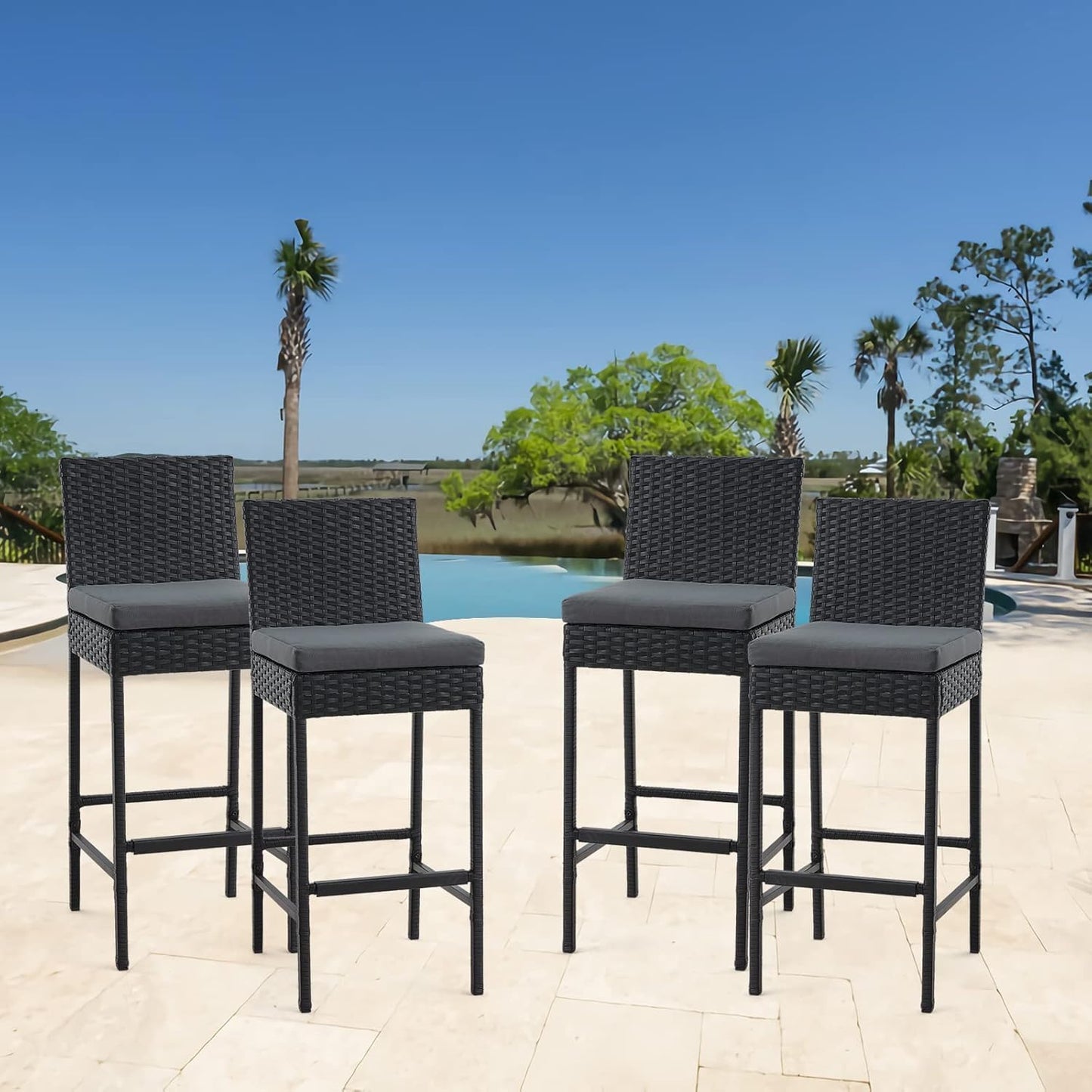 ECOTOUGE Rattan Bar Stools Set of 2, Outdoor Wicker Barstools Counter Height with Cushion for Lawn, Balcony, Garden, Black