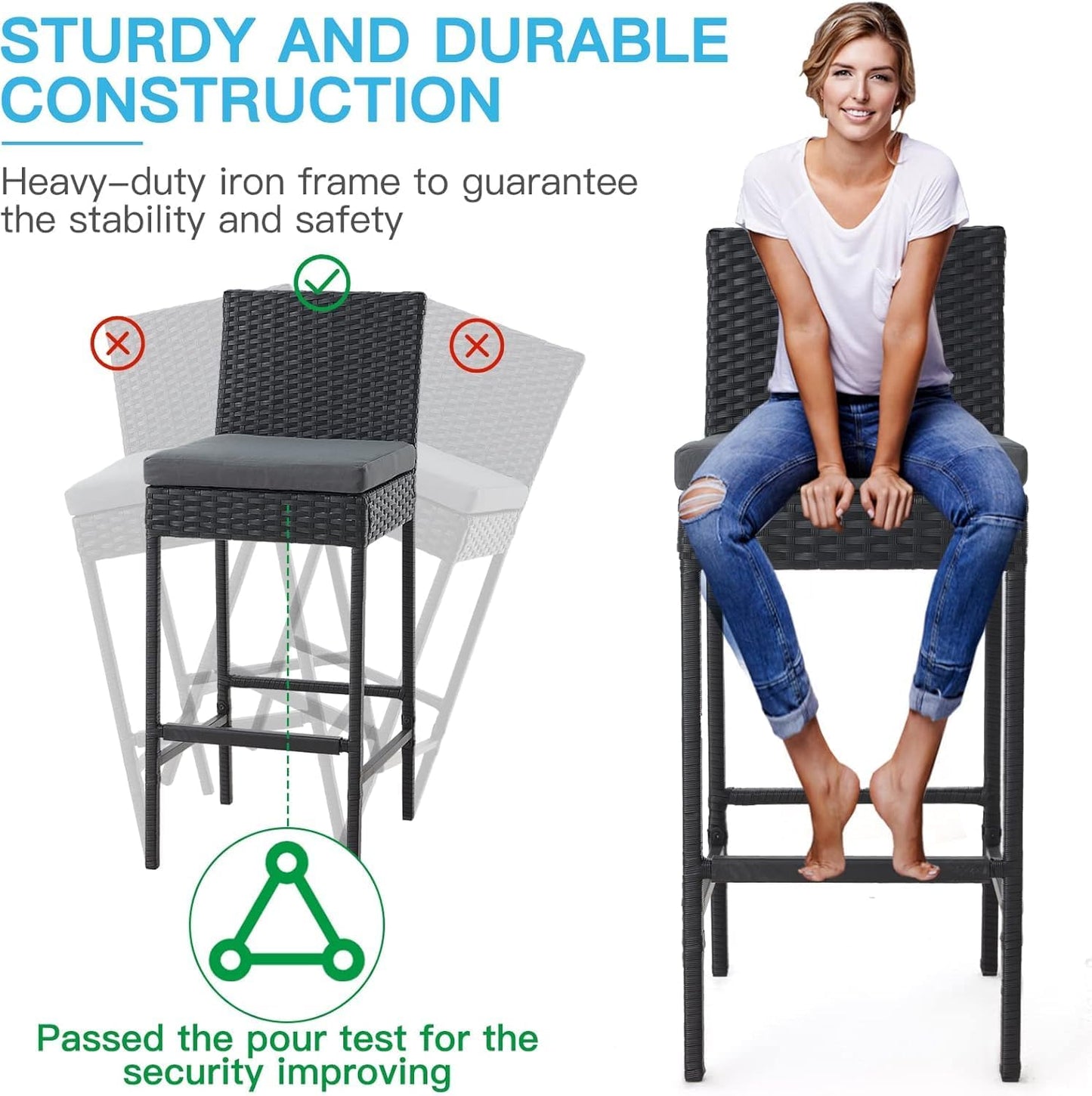 ECOTOUGE Rattan Bar Stools Set of 2, Outdoor Wicker Barstools Counter Height with Cushion for Lawn, Balcony, Garden, Black