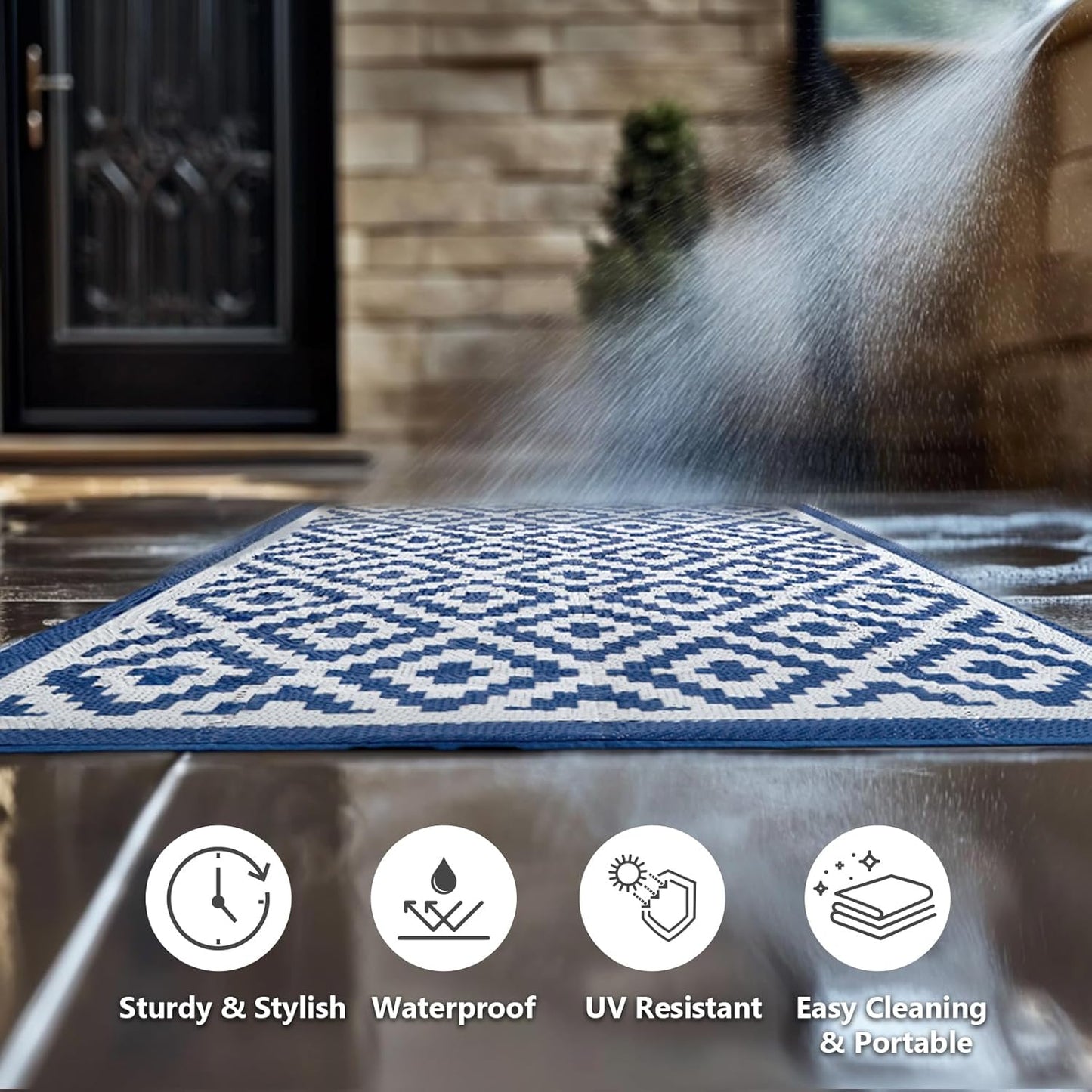 WILDPATH 6x9 ft Outdoor Rug Waterproof, Plastic Straw Patio Carpet - UV Resistant Reversible Indoor Outdoor Rugs for Porch, Camping, Poolside, RV, Balcony, Easy to Clean, Blue and White