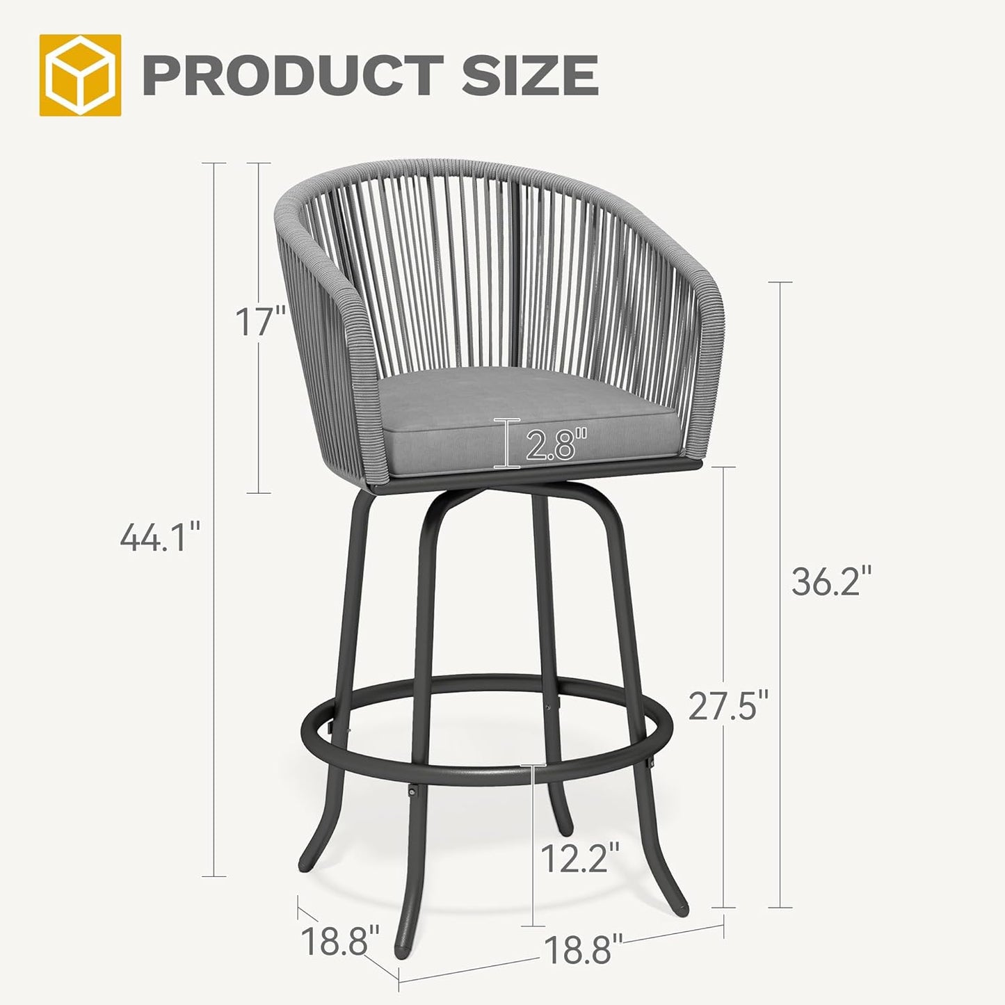 DWVO Outdoor Counter Height Bar Stools Set of 4, Patio Swivel Bar Chairs with Soft Cushions, 360° Rotation, Bar Height Rattan Chairs for Backyard, Poolside, Garden, Gray