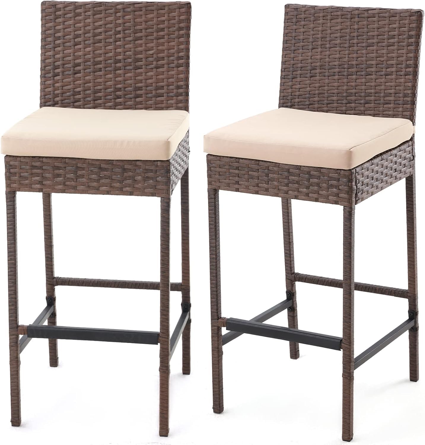 ECOTOUGE Rattan Bar Stools Set of 2, Outdoor Wicker Barstools Counter Height with Cushion for Lawn, Balcony, Garden, Black