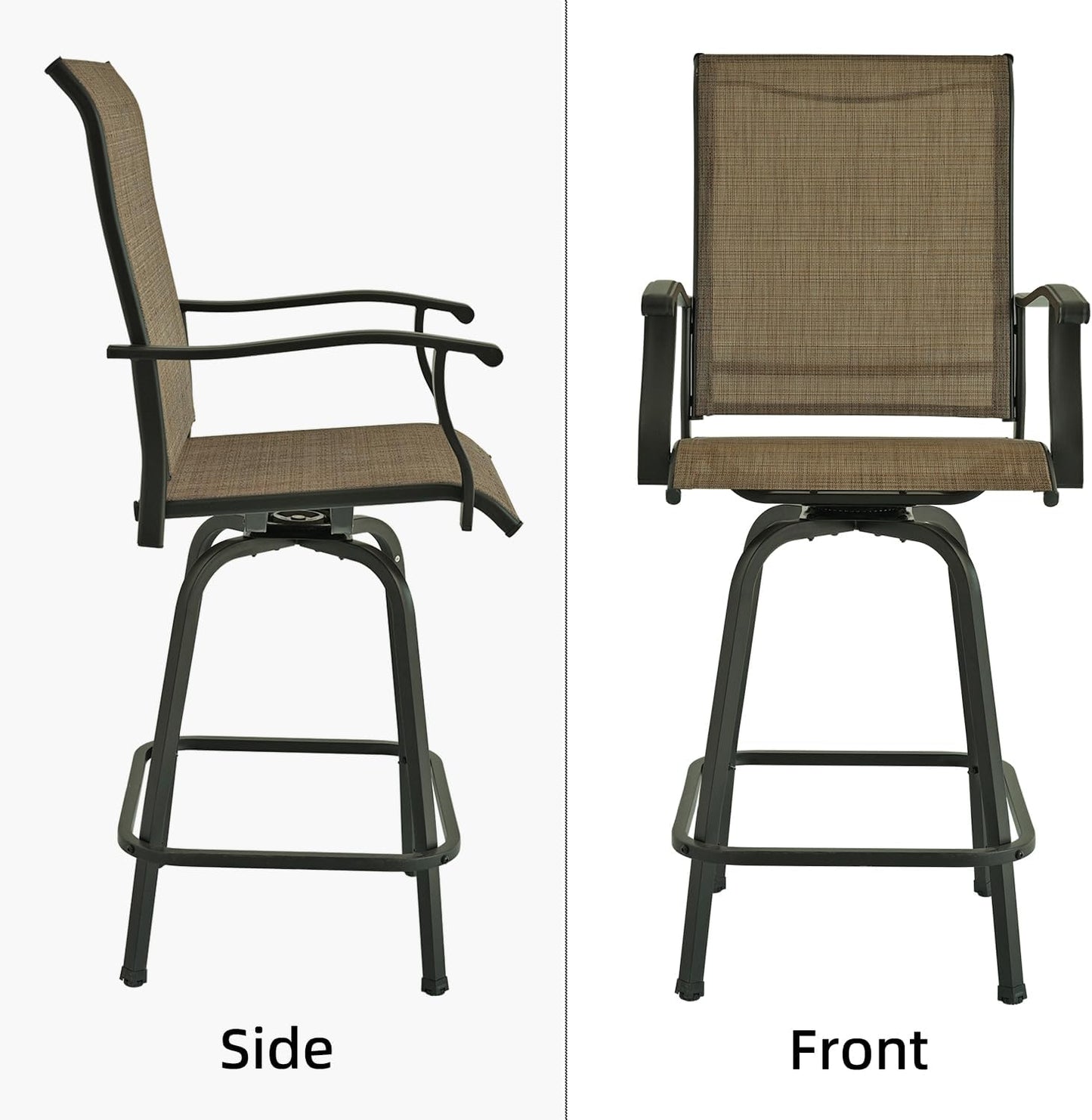 Patio Swivel Bar Stools Set of 2 for Outdoor and Bar Height High Back Brown Sling Chairs with Footrest