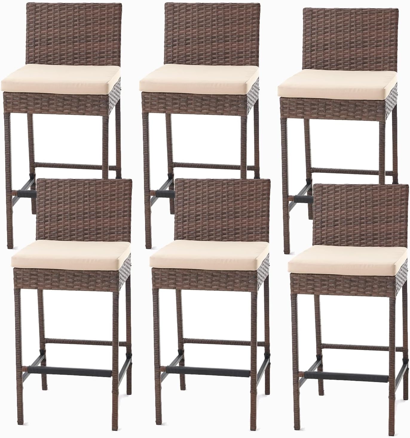 ECOTOUGE Rattan Bar Stools Set of 2, Outdoor Wicker Barstools Counter Height with Cushion for Lawn, Balcony, Garden, Black
