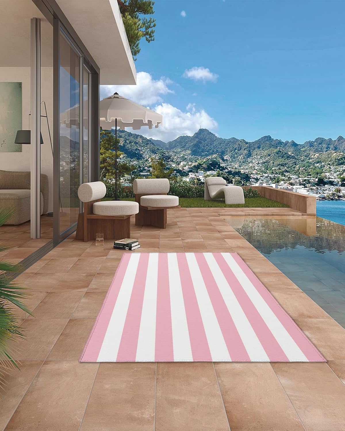 Outdoor Rug, Large Floor Mat Pink and White Stripes Non Slip Area Rug Rubber Backing Quick Dry Clearance Carpet for Camping Rugs, Patio, Garden, Lawn, Deck, Porch, 4' x 6'