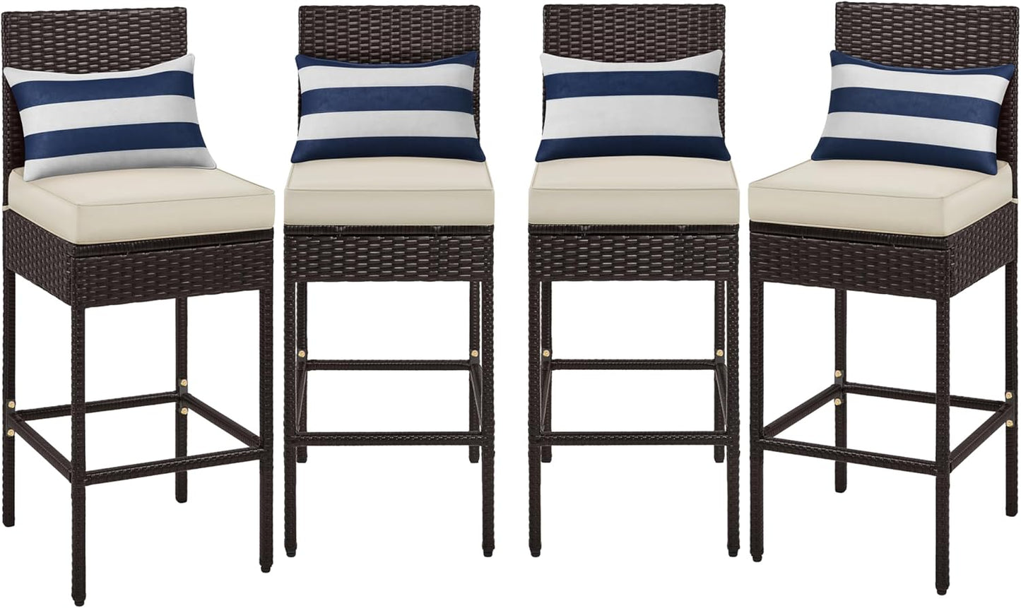 Yaheetech Set of 2 Patio Bar Stools, Outdoor PE Rattan Bar Height Chairs with Cushions & Footrests & Backrest for Indoor, Outdoor, Backyard, Porch, Max.Load 300Lb, Brown/Beige