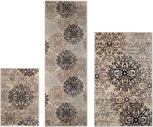 Superior Leigh 3 Piece Indoor Area Rug Set, Jute Backing, Floral Medallion Decor for Hallway, Entry, Office, Kitchen, Living Room Floors, Plush Rugs, 2' 7" x 8', 2' x 3', 4' x 6', Multi-Colored