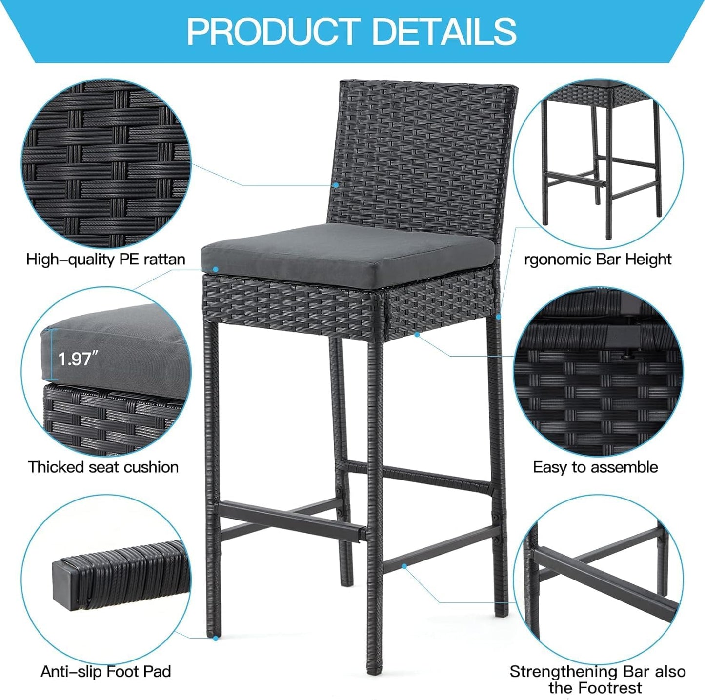 ECOTOUGE Rattan Bar Stools Set of 2, Outdoor Wicker Barstools Counter Height with Cushion for Lawn, Balcony, Garden, Black