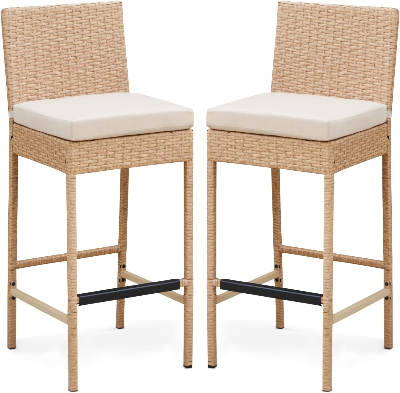 ECOTOUGE Rattan Bar Stools Set of 2, Outdoor Wicker Barstools Counter Height with Cushion for Lawn, Balcony, Garden, Black