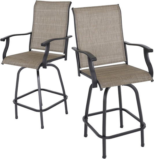 Outdoor Swivel Bar Stools Set of 2, High Top Bistro Stools with Textilene Seating Footrest, All-Weather Bar Height Furniture for Patio Outside, Beach, Lawn, Poolside and Garden