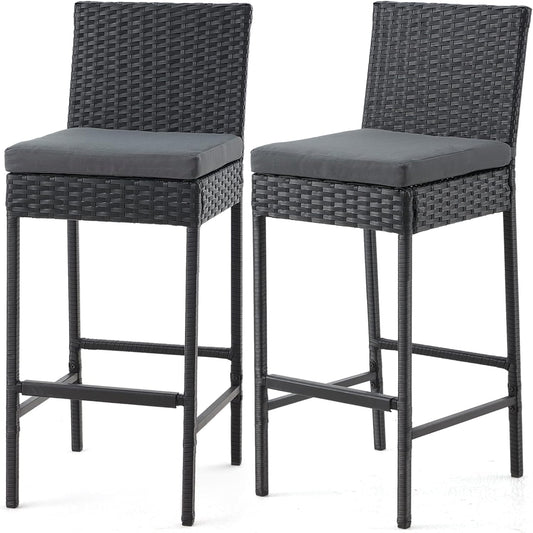 ECOTOUGE Rattan Bar Stools Set of 2, Outdoor Wicker Barstools Counter Height with Cushion for Lawn, Balcony, Garden, Black