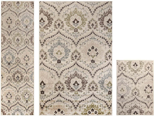 Superior Augusta 3 Piece Indoor Area Rug Set, Jute Backing, Floral Damask Decor for Hallway, Entry, Office, Kitchen, Bedroom, Living Room Floors, Plush Rugs, 2' 7" x 8', 2' x 3', 5' x 8', Beige